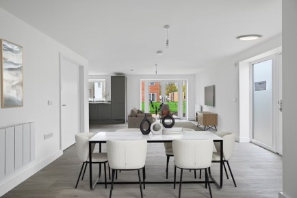 Open-plan dining area with garden view