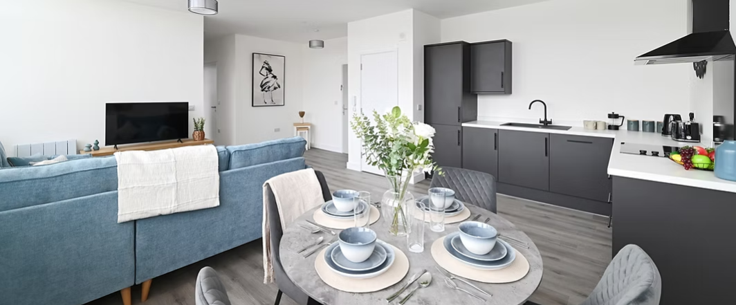 Guild House apartment open-plan living and dining area